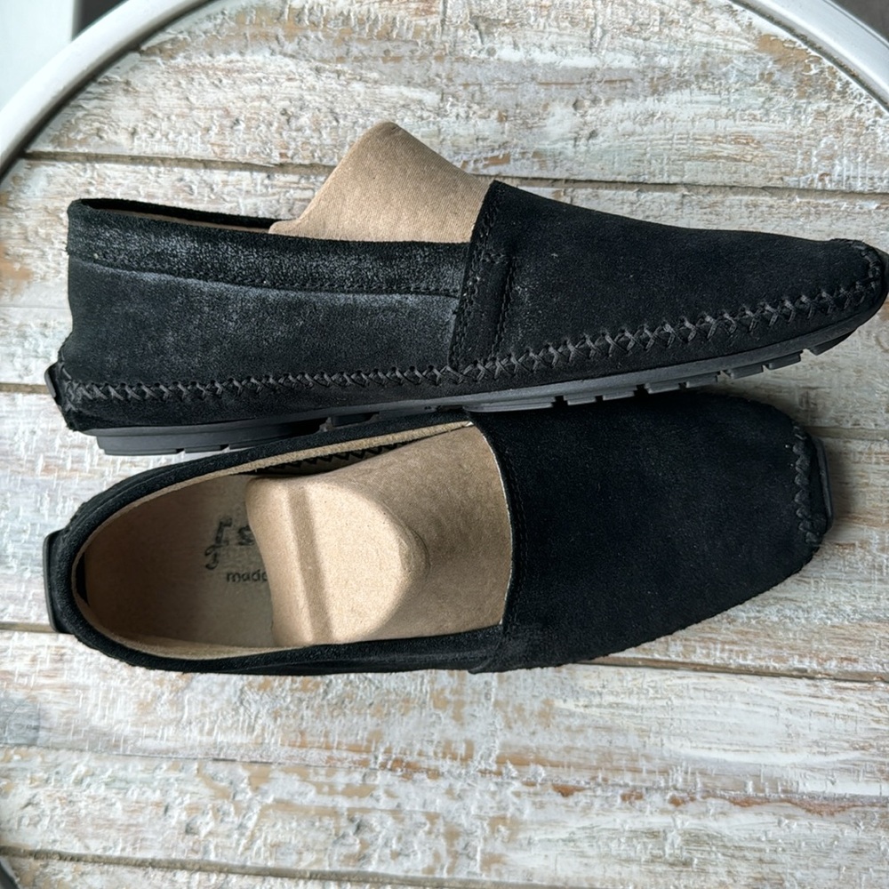 French Sole Black and Beige Suede Driving Loafers